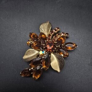 Juliana Rhinestone Brooch Orange Brown Leaf Floral Design Verified 7213